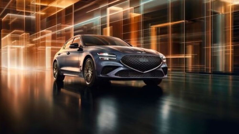 A slightly lowered stance, dark chrome trim, and blue leather amp up the G70 sedan.